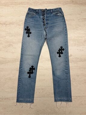 Chrome Hearts Light Blue Denim Jeans with Black Cross Patches